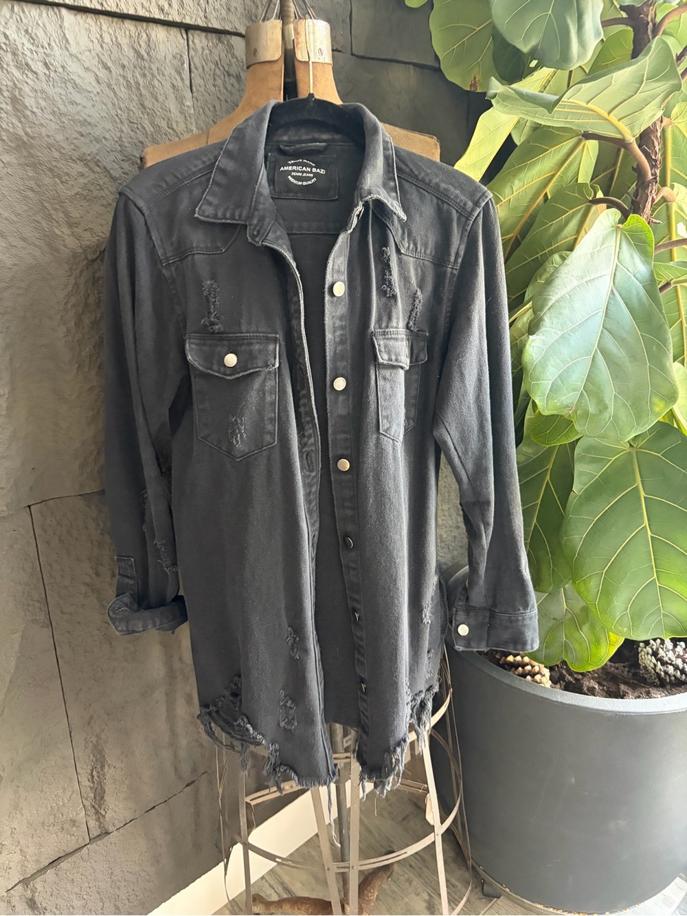 American Bazi Black Denim Button-Front Shirt